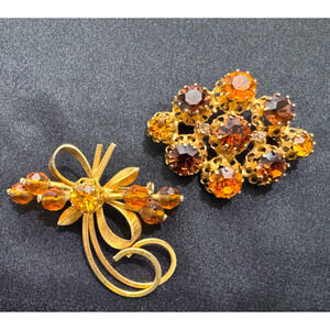 Vintage Austria Amber Rhinestone Lot 2 Brooches Sparkly Gold Tone MCM Prong